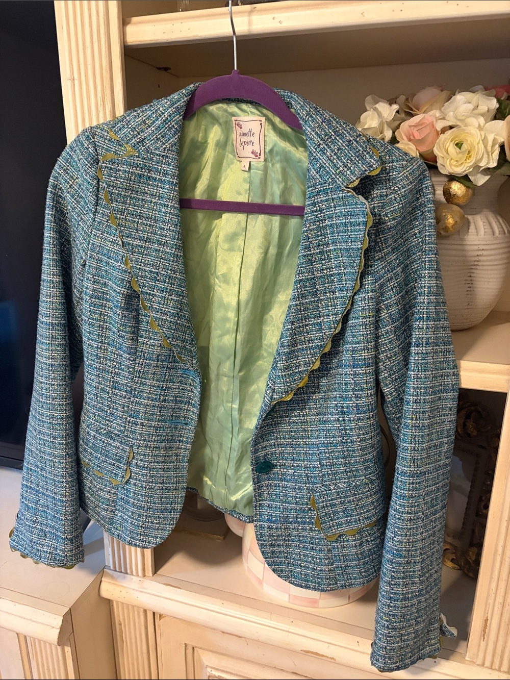 Nanette Lepore Teal Tweed Ruffle-Trim Blazer